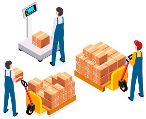 Cargo weight, scales, packaging. Measurement of weight of box with goods. International shipping worldwide from China. Men work with equipment. Workers loading boxes on carrier. Postal transportation