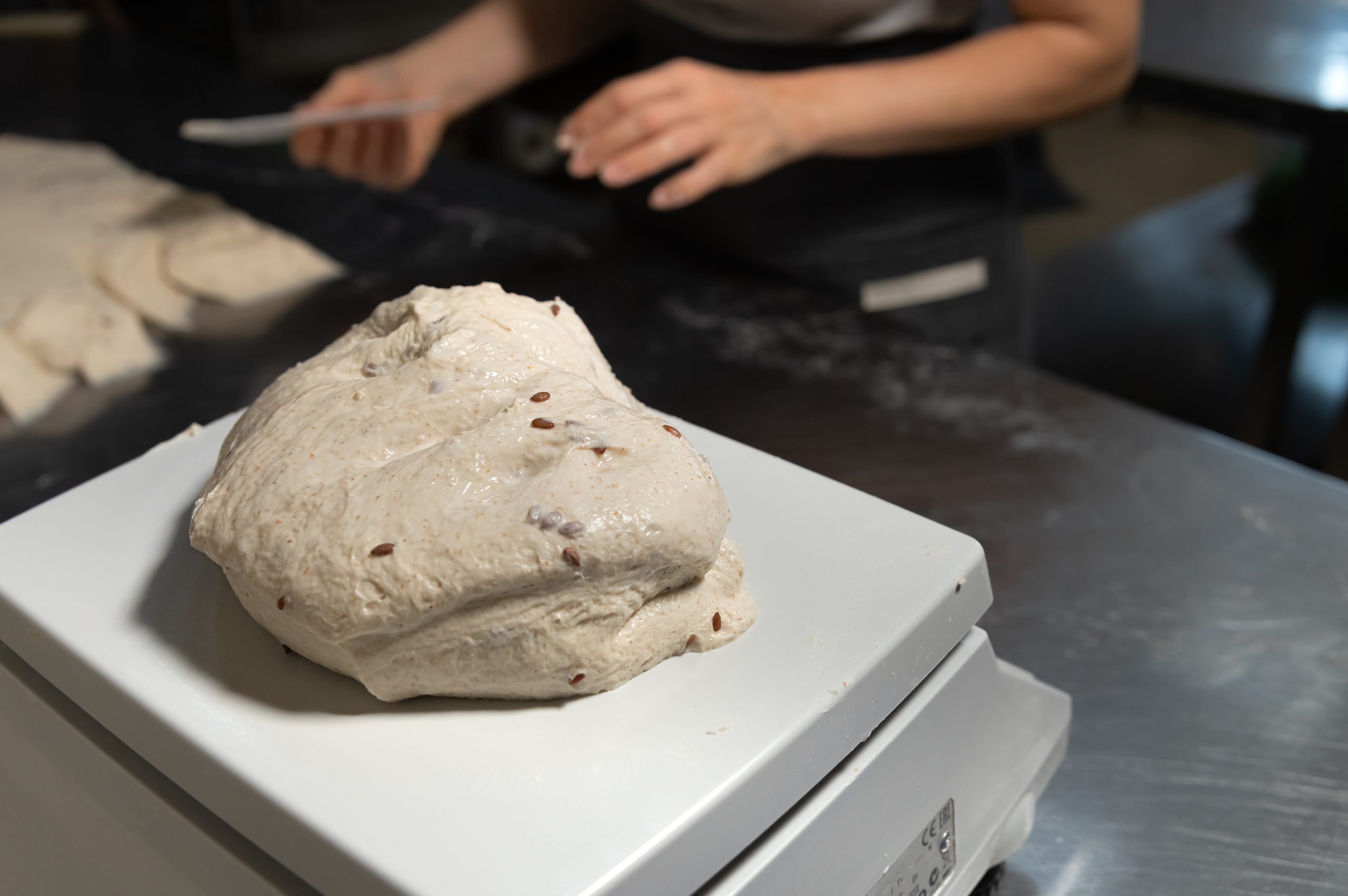 Close-up on a production scale is a portion of bread dough. Hands of a woman baker in defocus in the background. Bread production in a bakery