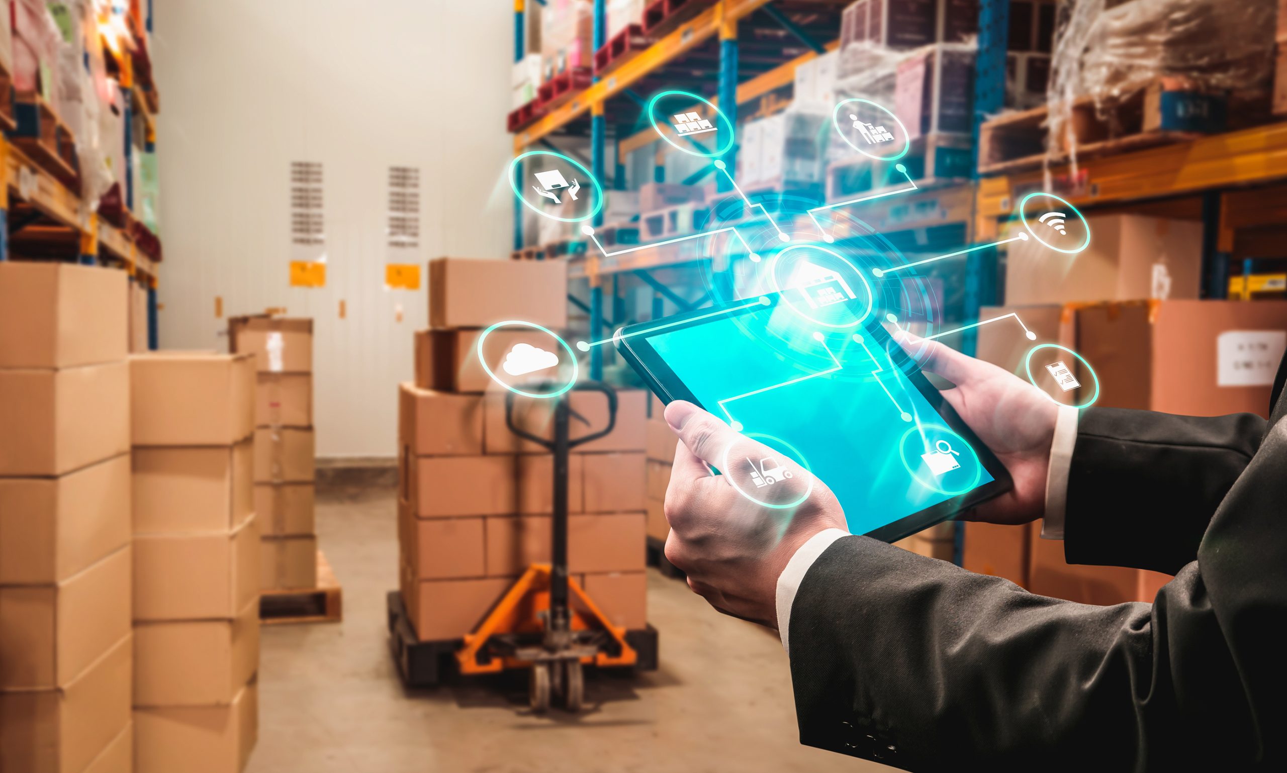 Smart warehouse management system with innovative internet of things technology to identify package picking and delivery . Future concept of supply chain and logistic network business .